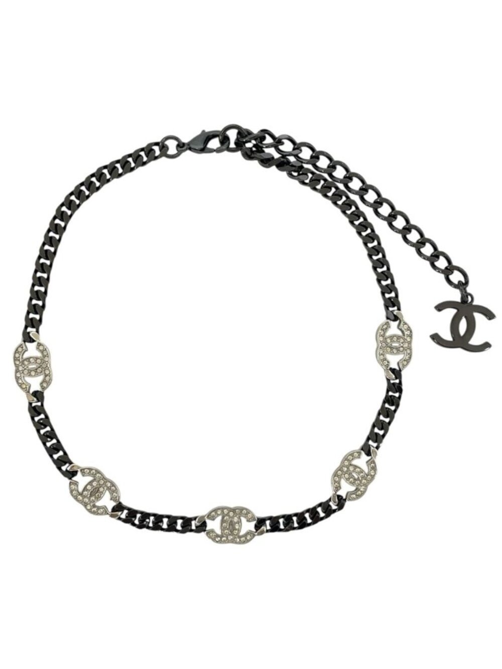 Chanel Choker Chain Pendant CC Logo Rhinestone Gunmetal Black Silver Necklace